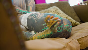 Anal solo tattoo girl sexy fishnets highheels stocking solo anal xl dildo play