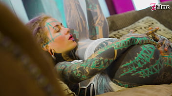 Anal solo tattoo girl sexy fishnets highheels stocking solo anal xl dildo play