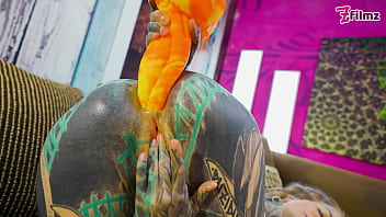 Anal solo tattoo girl sexy fishnets highheels stocking solo anal xl dildo play