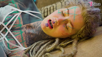 Anal solo tattoo girl sexy fishnets highheels stocking solo anal xl dildo play