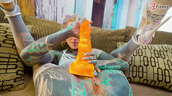 Anal solo tattoo girl sexy fishnets highheels stocking solo anal xl dildo play