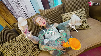 Anal solo tattoo girl sexy fishnets highheels stocking solo anal xl dildo play