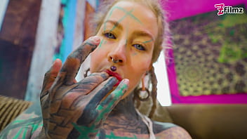 Anal solo tattoo girl sexy fishnets highheels stocking solo anal xl dildo play