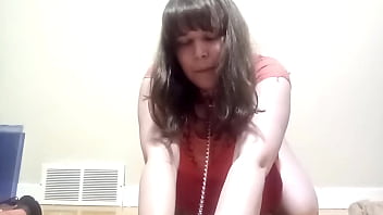 Whore plays with leash nipple and clit clamps and a dildo