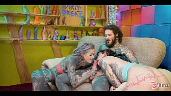 Inked up guy threesome alternative babes share his dick