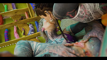 2 heavy tattoo girls get ass fucked by a big dick