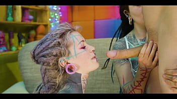 2 heavy tattoo girls get ass fucked by a big dick