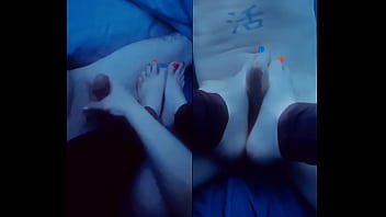 Handjob footjob split screen
