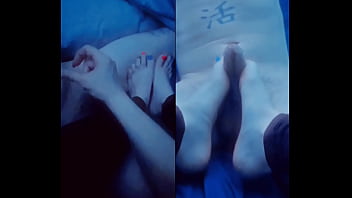 Handjob footjob split screen