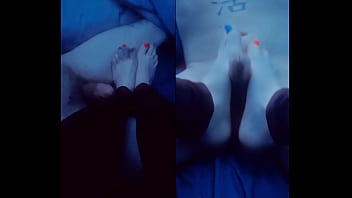 Handjob footjob split screen