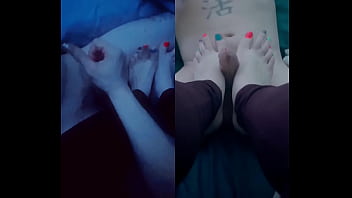Handjob footjob split screen