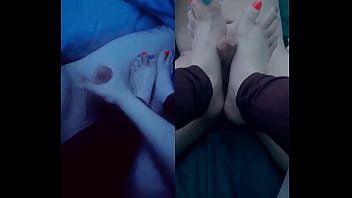 Handjob footjob split screen