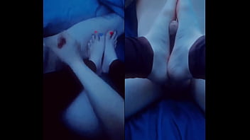 Handjob footjob split screen