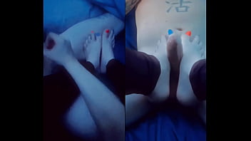 Handjob footjob split screen