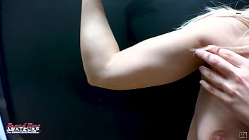 Petite brunette coed sabrina rubs her tits while sucking a hard cock