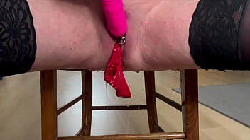 Push my red panties into my pussy and pee on it and use vibrator to hard stream pee and clean on the end all