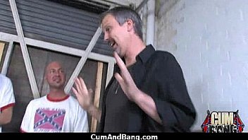 Cum slut introduced to bukkake 6