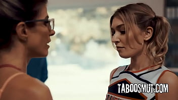 Blonde milf coach seduce a teen cheerleader into a threesome with her husband