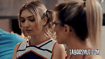 Blonde milf coach seduce a teen cheerleader into a threesome with her husband