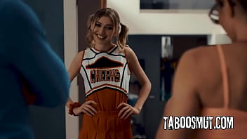 Blonde milf coach seduce a teen cheerleader into a threesome with her husband