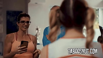 Blonde milf coach seduce a teen cheerleader into a threesome with her husband