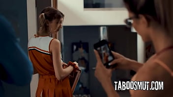 Blonde milf coach seduce a teen cheerleader into a threesome with her husband