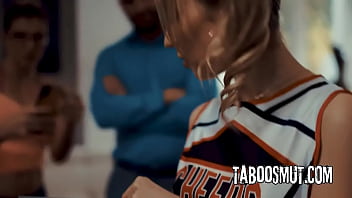 Blonde milf coach seduce a teen cheerleader into a threesome with her husband