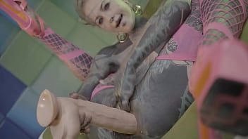 Ink covered teen easing into a slow intense anal stretch