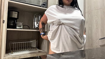 Juicy masturbation in the hotel kitchen big natural tits