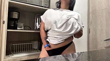 Juicy masturbation in the hotel kitchen big natural tits