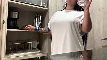 Juicy masturbation in the hotel kitchen big natural tits