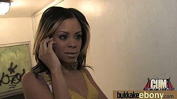 Ebony babe sucks group of white guys 14