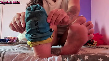 Guided handjob feet being worshipped foot sniffer waits for his mistress to tell him to smell her dirty socks until he cums