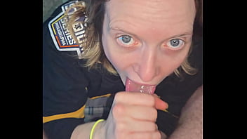 Hockey milf sucks cock on her knees