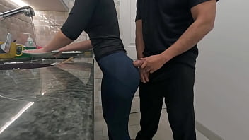 White maid getting cum on her ass while working in the kitchen