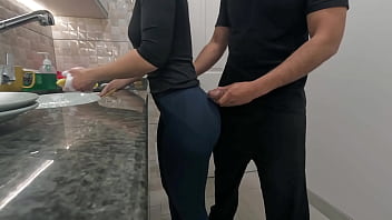 White maid getting cum on her ass while working in the kitchen