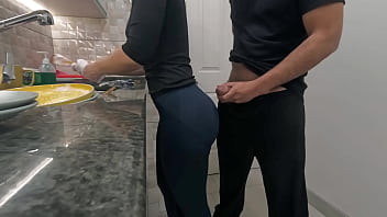 White maid getting cum on her ass while working in the kitchen