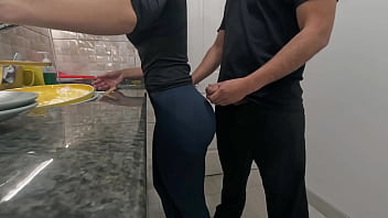 White maid getting cum on her ass while working in the kitchen