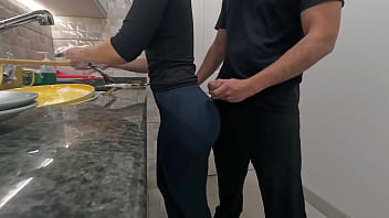 White maid getting cum on her ass while working in the kitchen