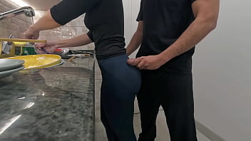 White maid getting cum on her ass while working in the kitchen