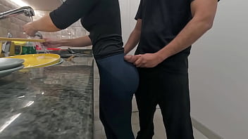 White maid getting cum on her ass while working in the kitchen