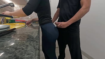 White maid getting cum on her ass while working in the kitchen