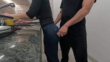 White maid getting cum on her ass while working in the kitchen