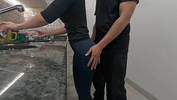 White maid getting cum on her ass while working in the kitchen