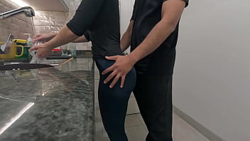 White maid getting cum on her ass while working in the kitchen