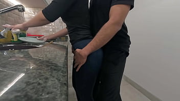 White maid getting cum on her ass while working in the kitchen