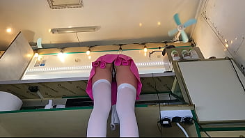 Sexy young chick showing her cunt at work