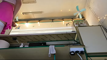 Sexy young chick showing her cunt at work