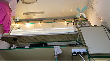 Sexy young chick showing her cunt at work