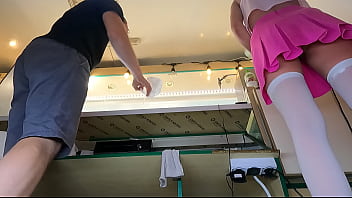 Sexy young chick showing her cunt at work